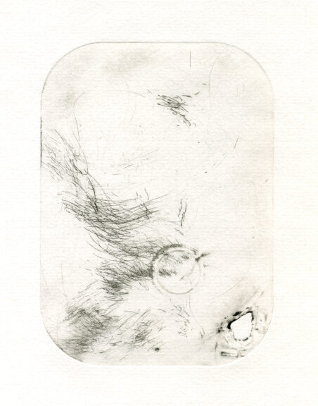 Sans titre, un passant, gravure, pointe sèche sur boîte de sardine , 2018.